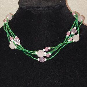 Pink Quartz Beads Green and Pink Necklace Beaded Long wrap 1, 2, 3, 4 layers
